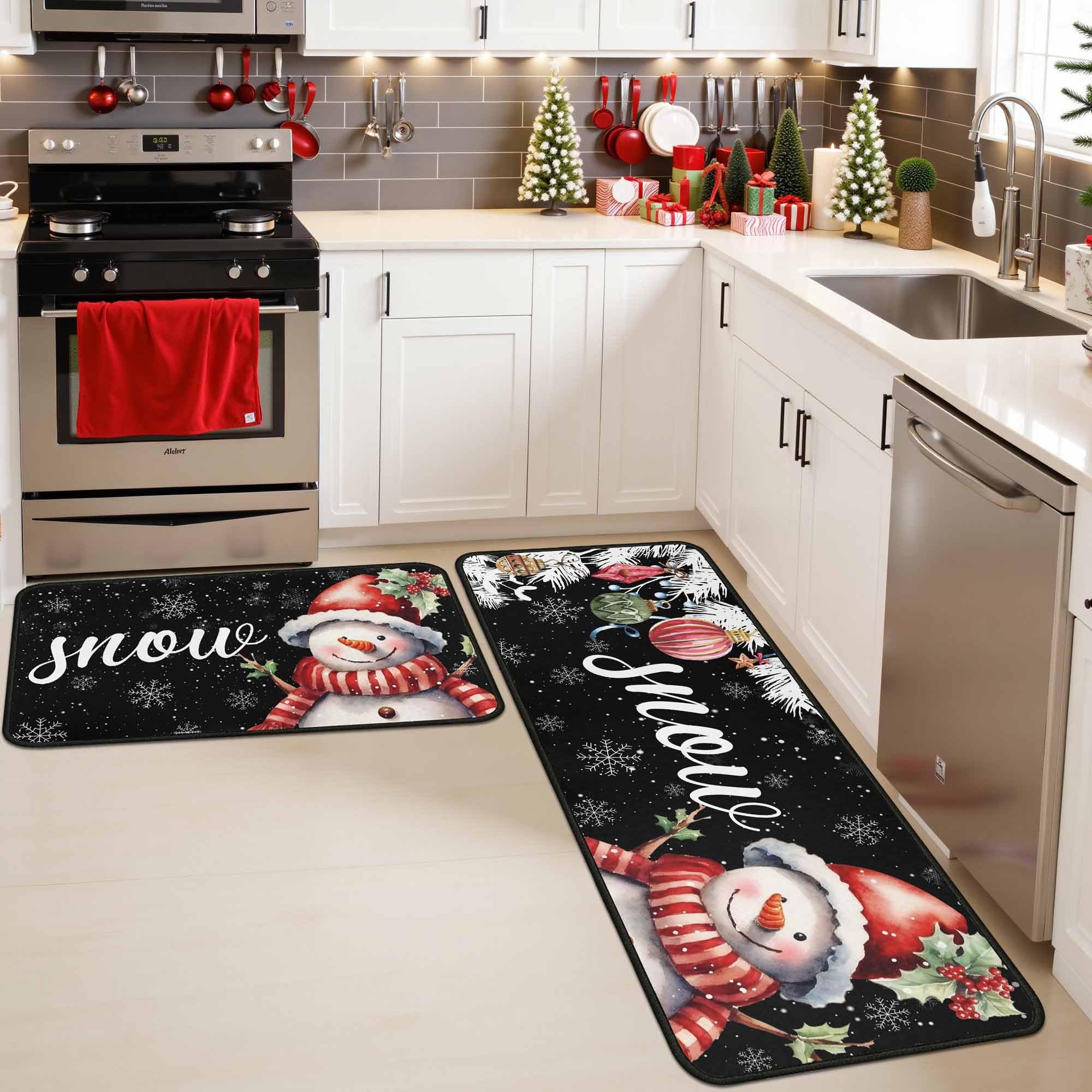 Yovirinto Red Buffalo Plaid Snowflake Christmas Kitchen Rugs and Mats Set of 2, Winter Home Decor Low-Profile Floor Mat Decorations for Home Kitchen 17"x47"+17"x30"