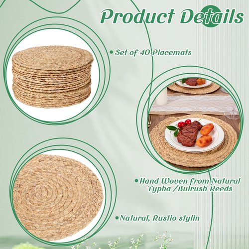 FoldTier 40 Pcs Round Placemats Bulk Plate Chargers Set 11.8 Inch Woven Placemat Rustic Braided Straw Rattan Charger Natural Water Hyacinth Place Mat for Wedding Party Table Single Tableware Use