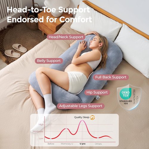 Momcozy Pregnancy Pillow - Dreamlign U Pro Maternity Support with Adjustable Leg Pillow | 50-72 Inch Full Body Comfort