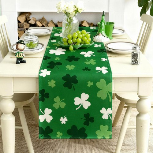 St. Patrick's Day Table Runner 72 x 13 Inch St. Patrick's Day Table Centerpieces Cover White Green Shamrocks Theme Decor for Irish Holiday Celebration, Home, Party, Saint Patricks Decorations
