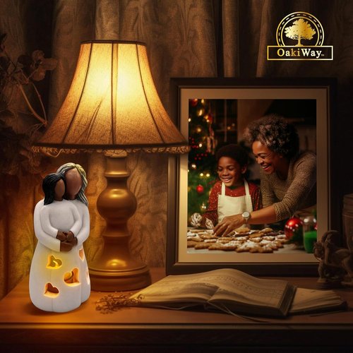 Grandma-Granddaughter Hand-Painted Candle Holder Statue - Flickering LED Candle | Unique Gift for Nana, Gigi, Christmas & Birthdays (Dark)