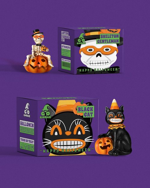 GoGnome Vintage Halloween Decorations - 2-Pack Resin Skeleton & Black Cat Figurines with Pumpkin Lights | 4.7'' Table Decor