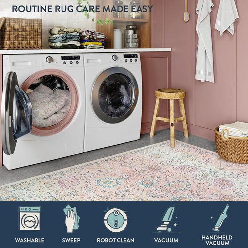 Lahome Flavie Pink Boho Area Rug for Nursery, 5x7 Washable Pink Rugs for Bedroom Girls Kids Room Living Room, Floral Pastel Carpet Non Slip for Teen Toddler Classroom Playroom Dorm, Bedroom Decor