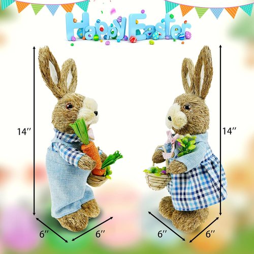 DearSun 14" Easter Bunny Figurine - Blue Sisal Rabbit Holding Carrots | Spring Table Decor for Home & Garden
