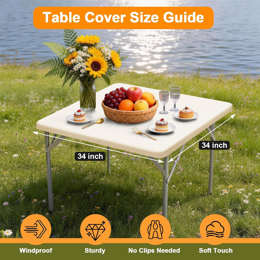Stretchy Spandex Table Cover by [Brand Name] - 34" x 34" Ivory Fitted Tablecloth, Washable & Wrinkle-Resistant for Indoor/Outdoor Use