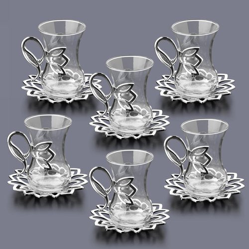 Alisveristime (Set of 6) Turkish Tea Set with Zamac Holders, Glass Cups & Saucers – 100ml Capacity, Ottoman Style, 4 Color Options (Silver)