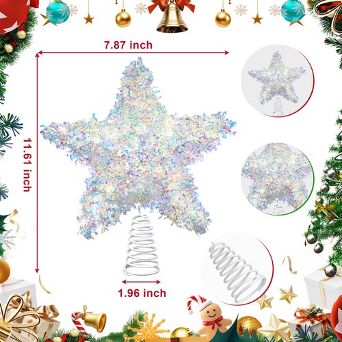 LAWOHO Christmas Tree Topper Star, Exquisite Christmas Decor, 10 Inch Shiny Iridescent Christmas Tree Decoration with 6H Timer, 20 Warm LED Lights for Xmas Tree, Holiday & Party, Indoor Decor