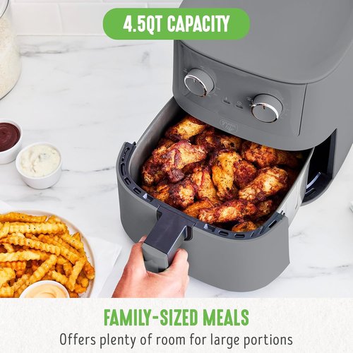 GreenLife 4.5QT Air Fryer - PFAS-Free Ceramic Nonstick, Adjustable Temp & Timer, Compact Graphite