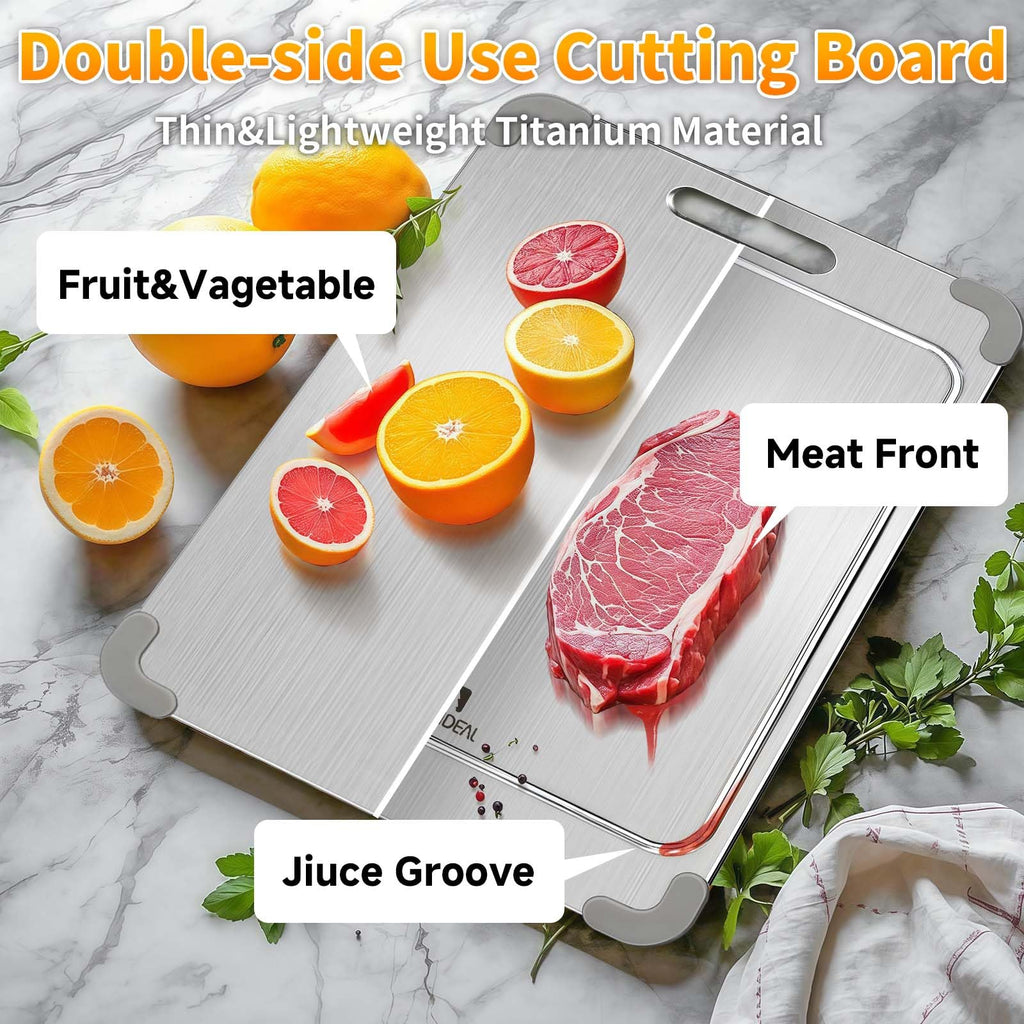 ZYBIDEAL 100% Pure Titanium Cutting Board with Grooves, Update Double Side Titanium Chopping Board, Silicone Anti-slip Stainless Cutting Boards for Kitchen 11 * 15 IN, Grey