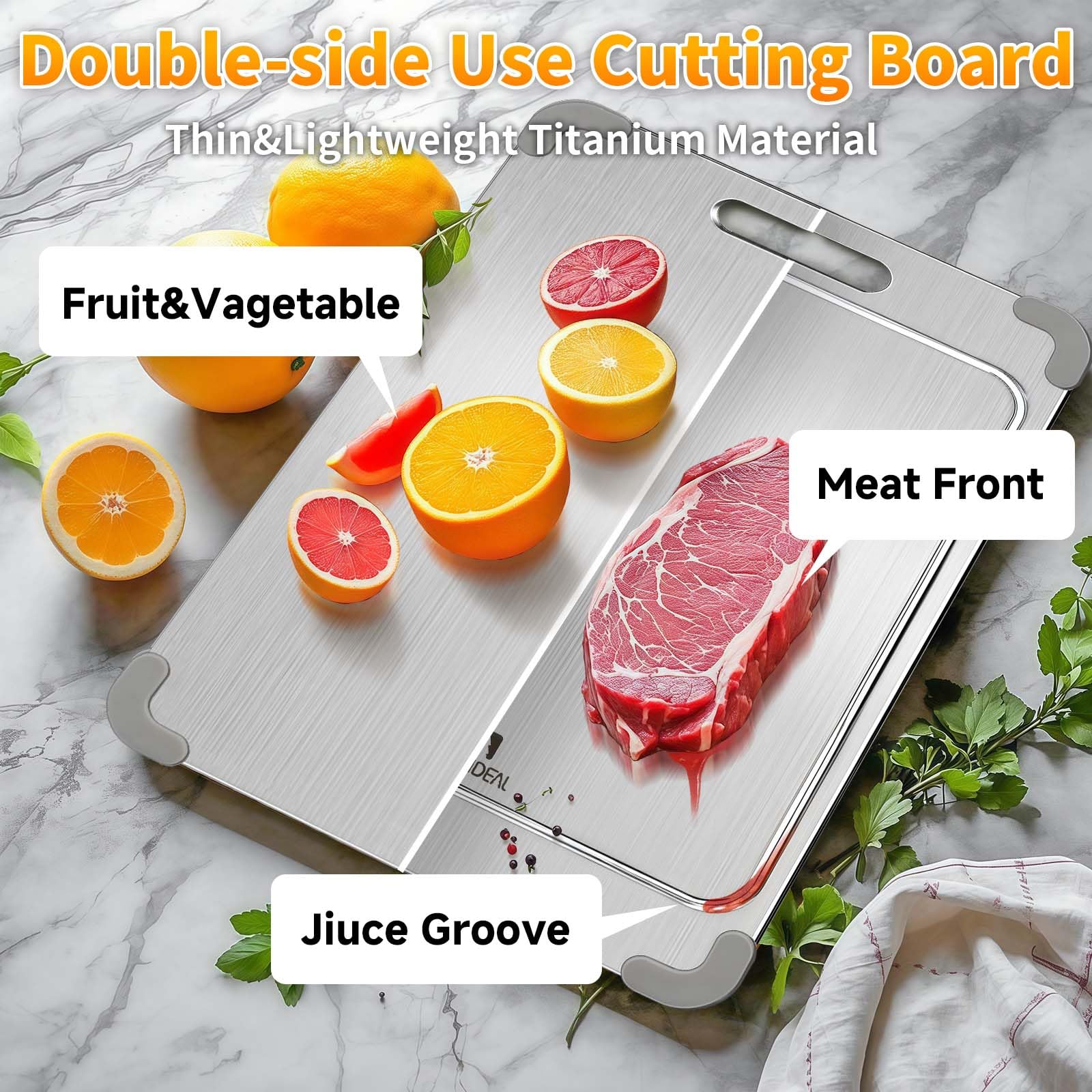 ZYBIDEAL 100% Pure Titanium Cutting Board with Grooves, Update Double Side Titanium Chopping Board, Silicone Anti-slip Stainless Cutting Boards for Kitchen 11 * 15 IN, Grey