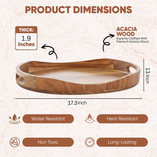 Serving Tray with Handles, Acacia Wood Oval Tray 17.3x12.9x1.9 Inch Large Wooden Coffee Table Ottoman Tray Breakfast in Bed Tray Decorative Rustic Farmhouse Home Décor Tray for Drinks Snacks & Candles