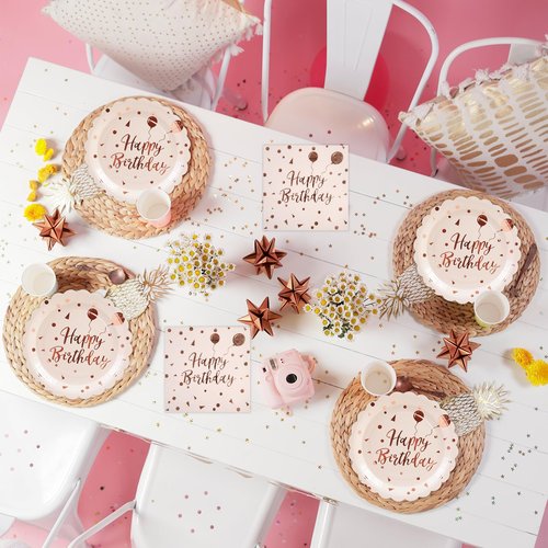HFBOBP 50PCS Happy Birthday Paper Plates and Napkins Set - 7 Inch Pink Rose Gold Birthday Cake Plates Scalloped Dessert Plate Disposable Tableware for Birthday's Party Supplies Decorations