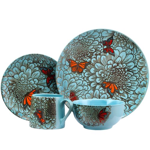 Elama's Butterfly Garden 16 Piece Stoneware Dinnerware Set