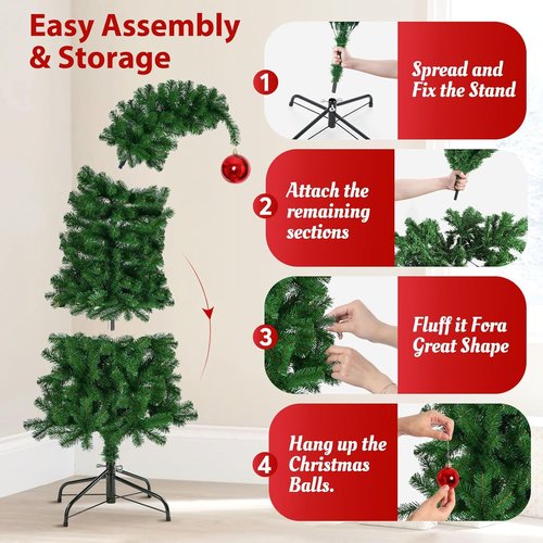 Hatisan 5FT Artificial Christmas Tree - Bent Green Design with Ball Ornaments & Metal Base for Holiday Decor