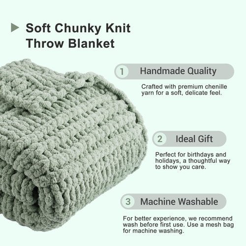 Battilo Chunky Knit Blanket Throw，Sage Throw Blanket for Couch, Thick Warm Soft Cozy Knitted Chenille Throw Blanket for Sofa, Bed, Living Room, 50"x60"