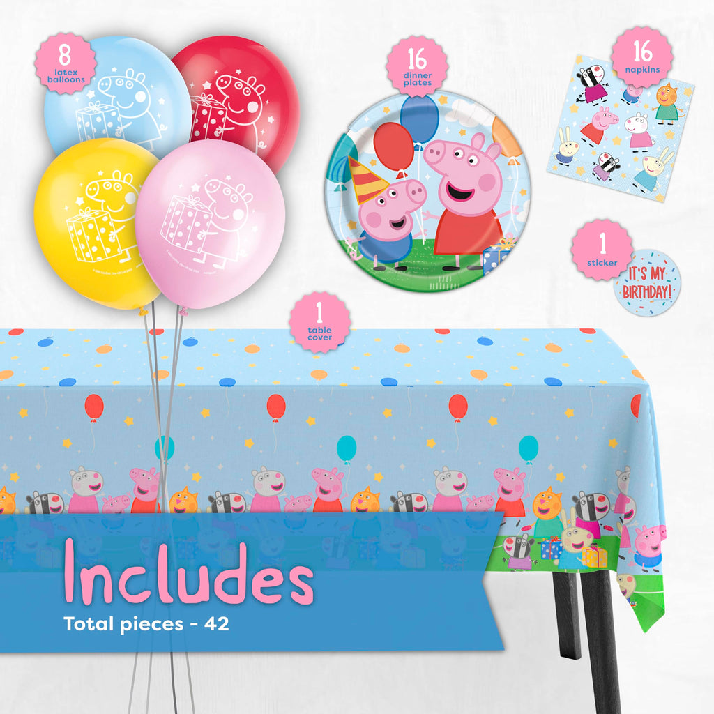 Peppa Pig Birthday Decorations | Serves 16 | Balloons, Tablecloth, Plates, Napkins, Sticker | Peppa Pig Party Decorations