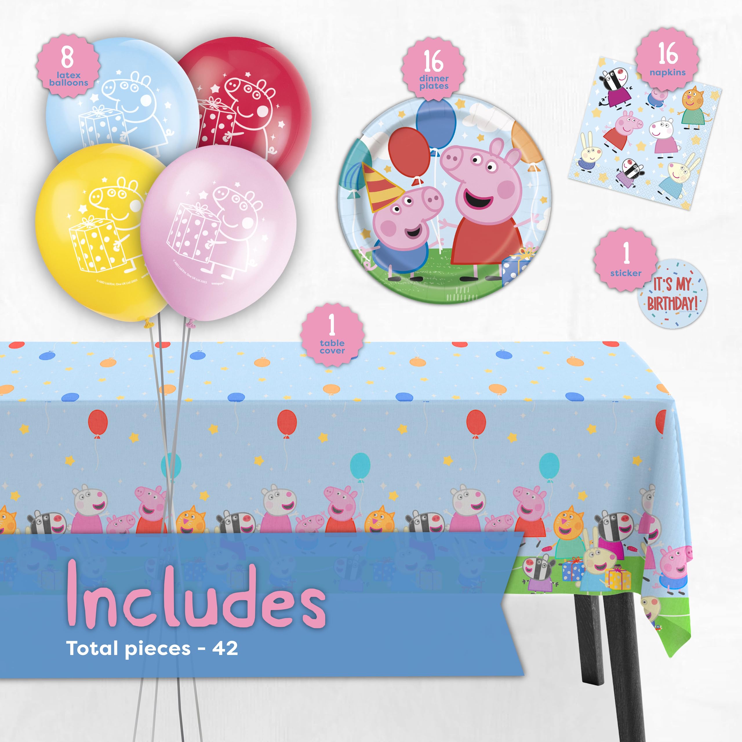 Peppa Pig Birthday Decorations | Serves 16 | Balloons, Tablecloth, Plates, Napkins, Sticker | Peppa Pig Party Decorations