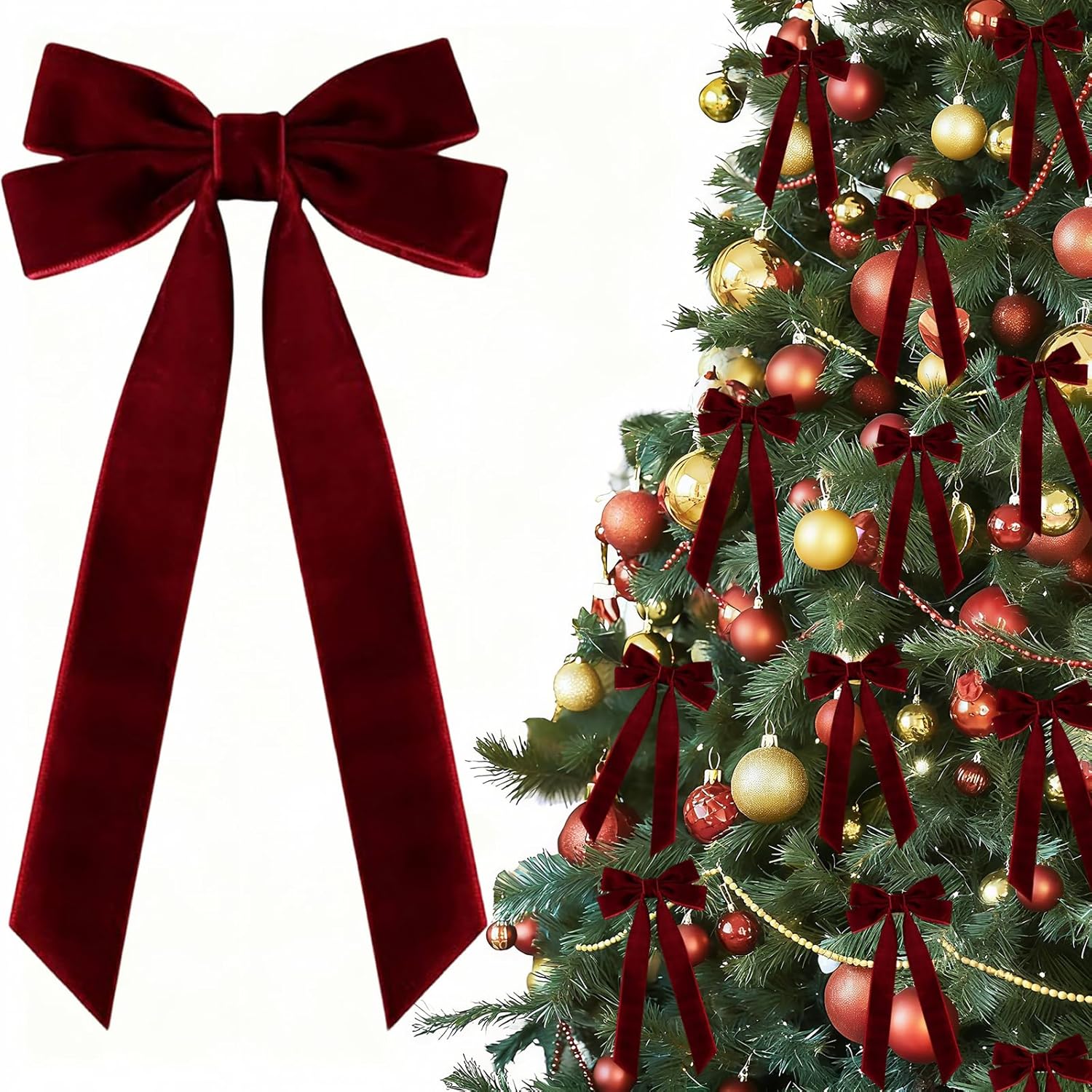 Valentines Tree Decorations - 12 Pcs Wine Red Velvet Ribbon Bows | 5in x 8.7in Xmas Ornaments for Home & Party Decor