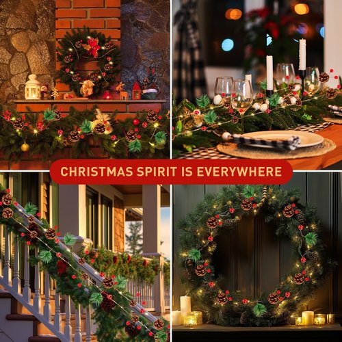 Pechfun Christmas Garland with Lights, 9.8 Ft 60 LED Red Berry Pine Cone Battery Operated Christmas Garland with 8 Modes Remote for Fireplace Stairs Table Door Wall Xmas Tree Indoor/Outdoor Decor