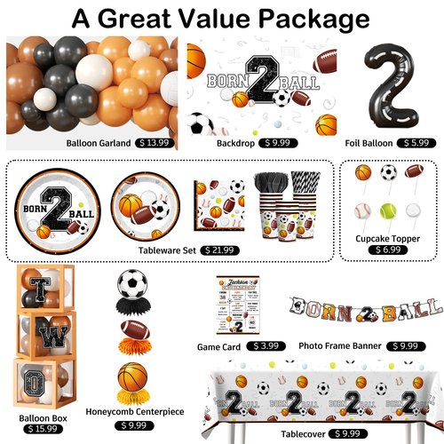 291 PCS Born 2 Ball Birthday Decorations, All-in-One Party Pack with Backdrop, Balloon, Plates and Napkins, for Ball Themed 2nd Birthday Party, Serves 25 Guests