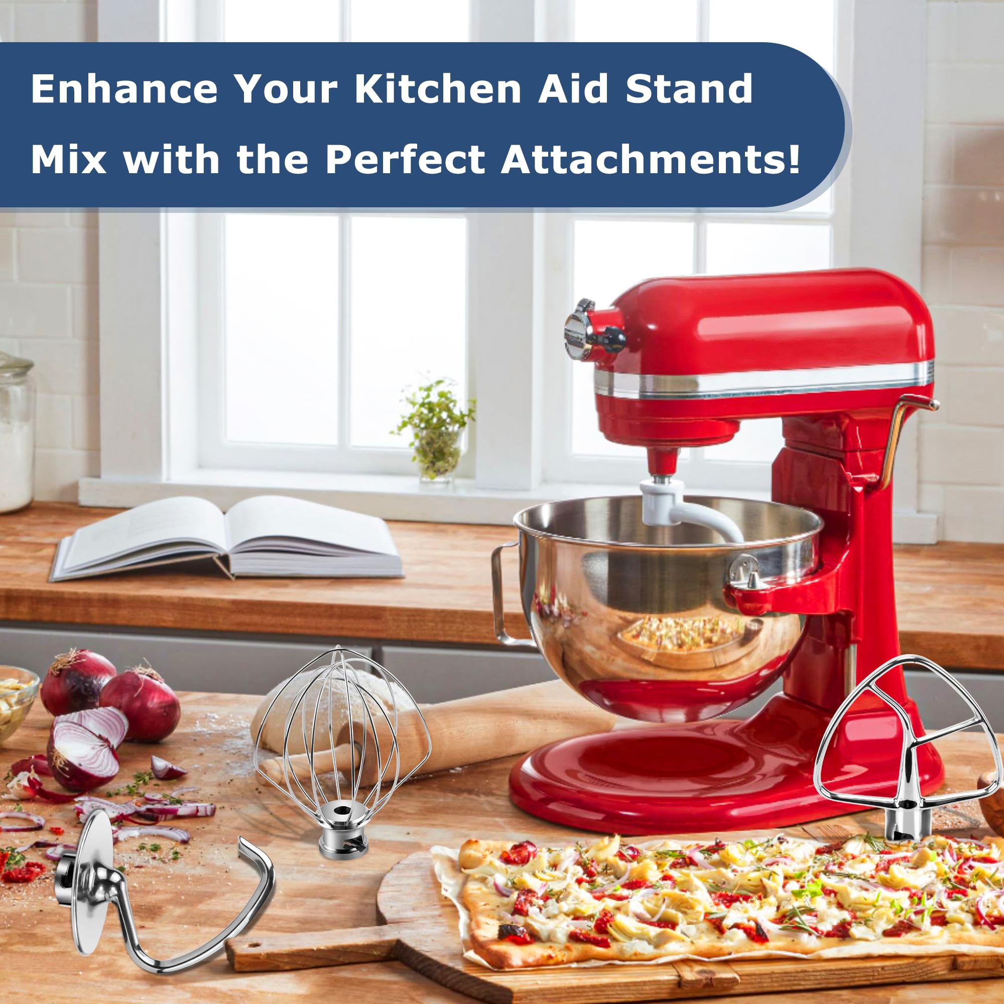 Stainless Steel Mixer Attachments for Kitchen Aid 4.5-5 QT Tilt-Head,3-Piece Heavy Duty Metal Accessories,K45WW Wire Whisk,K45DH Dough Hook,K45B Flat Beater Paddle (NO Coating to Peel) by TOMOON