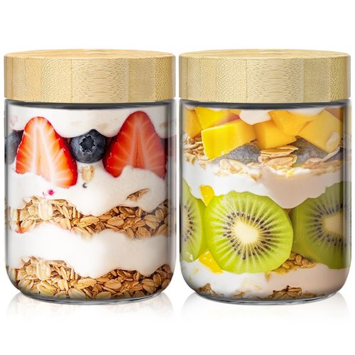 2 Pack 16oz Overnight Oats Containers with Bamboo Lids, Glass Jars with Airtight Lids for Meal Prep, Wide Mouth Mason Salad Jars, Glass Food Storage Container for Yogurt Chia Snacks Spice Sugar