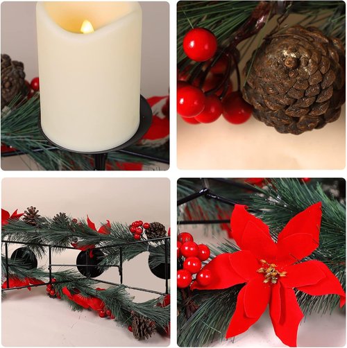 MorTime Christmas Centerpiece - 3 Candle Holders with Red Flowers, Berries & Pinecones | Indoor Holiday Decor