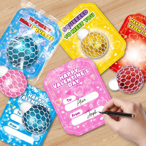 SpringFlower Valentines Day Cards for Kids School, 24 Pack Valentines Cards with Squeeze Stretch Fidget Toy Balls,Valentines Day Gifts for Classroom Exchange,Valentines Party Favors Prizes for Kids