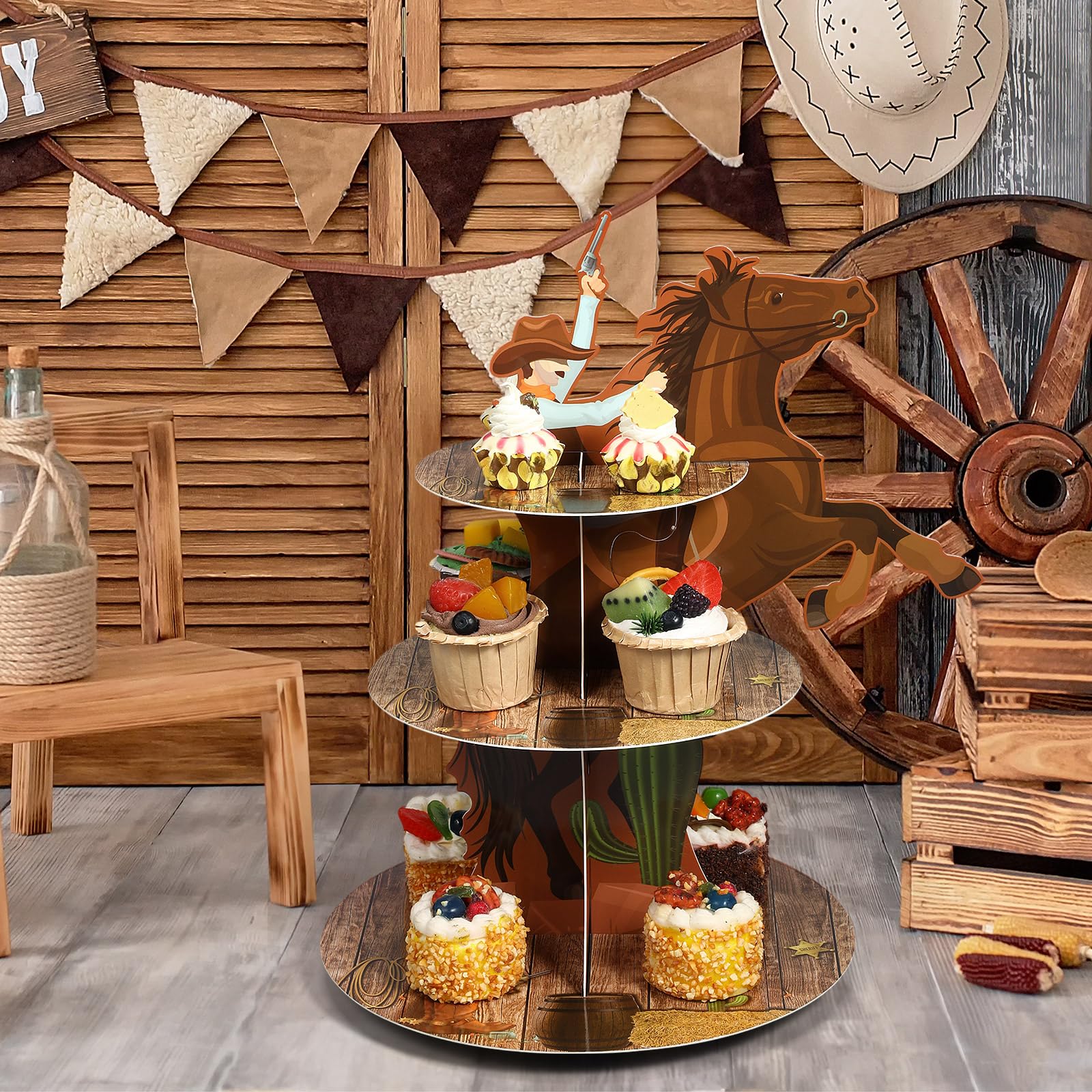 Zopeal Western Cowboy Horse Cupcake Stand, 3-Tier Western Theme Birthday Cupcake Holder, Cowboy Theme Cake Holder, Dessert Stand for Wild West Baby Shower, Birthday Party Supplies
