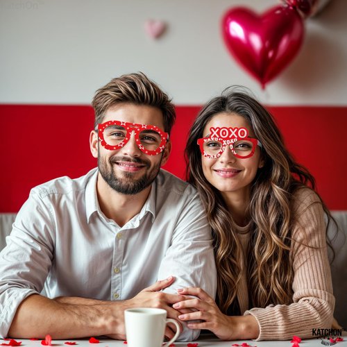 KatchOn, Red Heart Glasses - Pack of 12 | Valentines Glasses for Valentines Day Decorations | Valentines Photo Props for Valentines Decor | 6 Designs Heart Shaped Glasses | Galentines Day Decorations