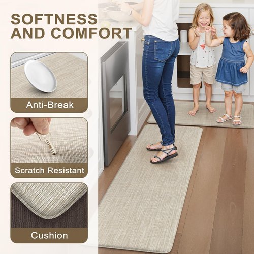 Collive Anti Fatigue Cushioned Kitchen Mat Set 2 Piece Non Skid Waterproof Kitchens Sink Rug Standing Floor Carpets for Office, Sink,17"×29"+17"×47",Beige