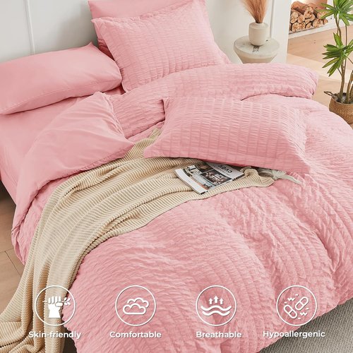 HYMOKEGE Queen Comforter Set - Luxurious Rose Pink Seersucker 7-Piece Bedding Set for All Seasons