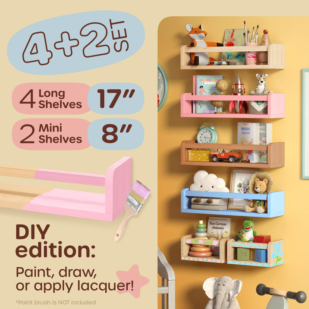 HOMEY PANDA DIY Wall-Mounted Nursery Bookshelves - 4 Long + 2 Mini Shelves, Kids Room Storage (DIY Paint Pine Wood)