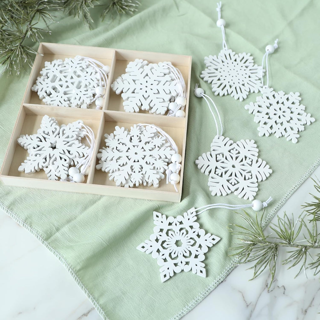 Skiennix 16-Piece White Snowflake Ornaments - 3-Inch Wooden Christmas Decorations for Holiday Crafts