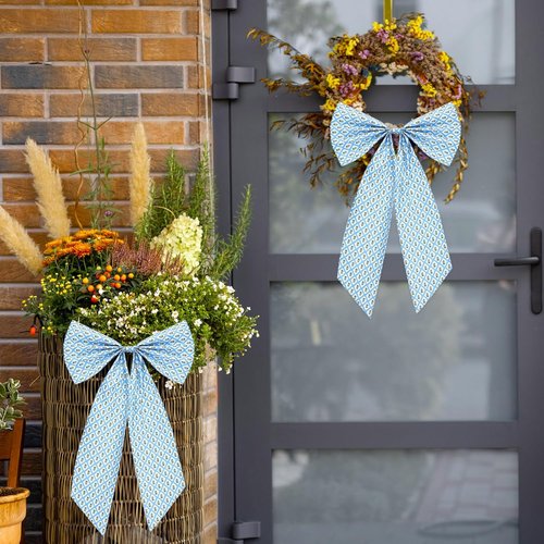 HunnmingRe Christmas Wreath Sash - 2 Pcs Blue & Green Block Print Burlap Bow | 24 x 16 Inch Indoor/Outdoor Decor