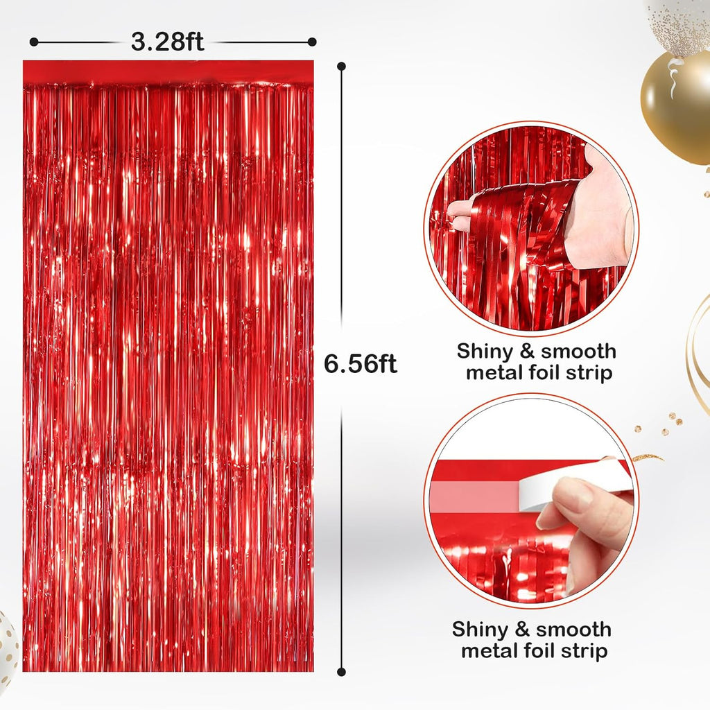 Red Metallic Tinsel Foil Fringe Curtains by [Brand Name] - 2 Pack Photo Booth Backdrop for Parties & Events