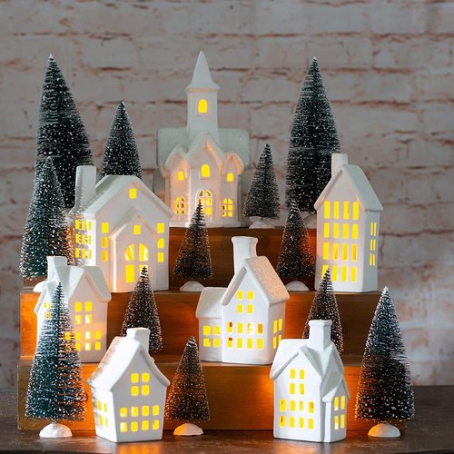 Mark Feldstein & Associates Winter Village LED Tea Light Set - 31-Piece Porcelain Christmas Figurines
