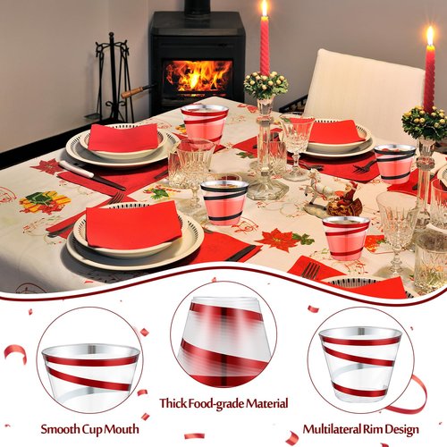 Gejoy 9 oz Rimmed Swirl Plastic Cups Disposable Wine Drinking Cups Clear Elegant Easter St Patrick Tumblers for Wedding Party Supplies(100 Pcs,Red, Black)