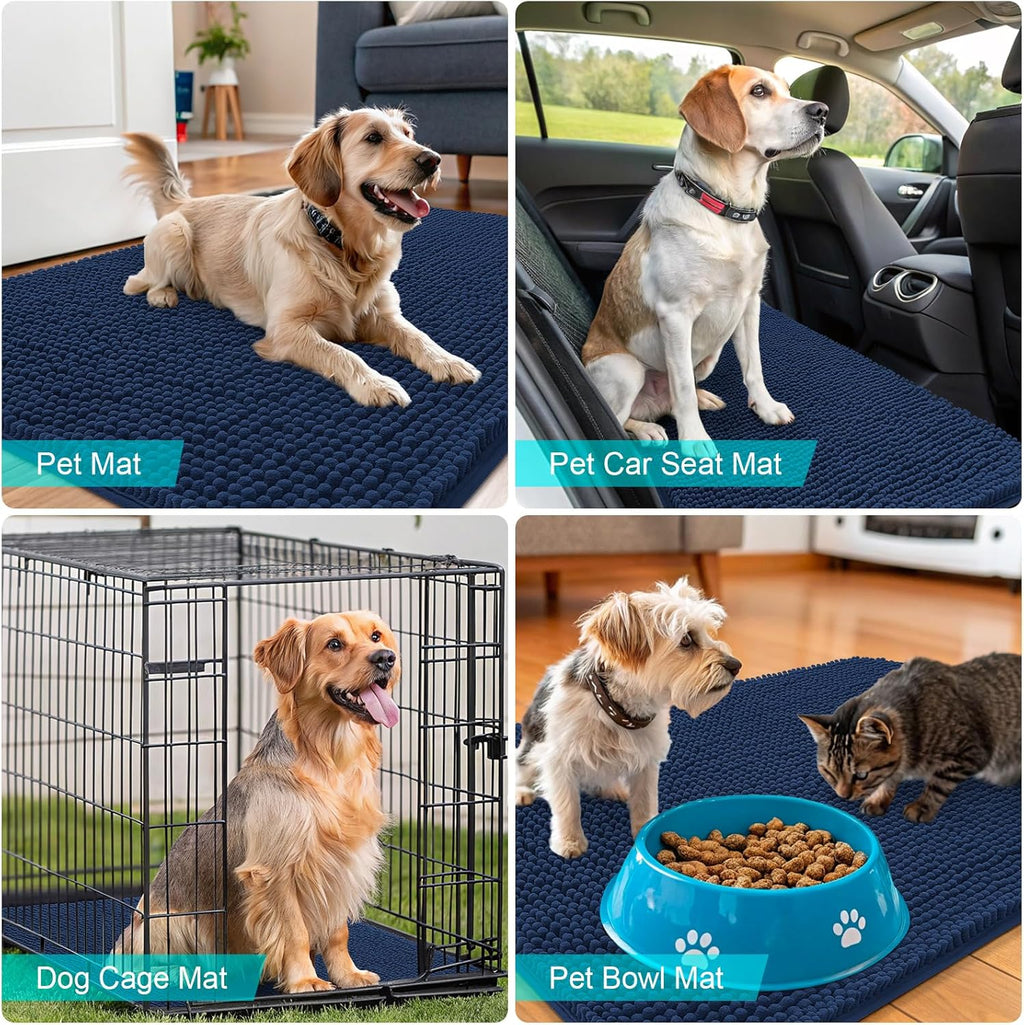 OLANLY Dog Door Mat - Absorbent Non-Slip Chenille for Muddy Paws | 32x20 Dark Blue Quick Dry Doormat