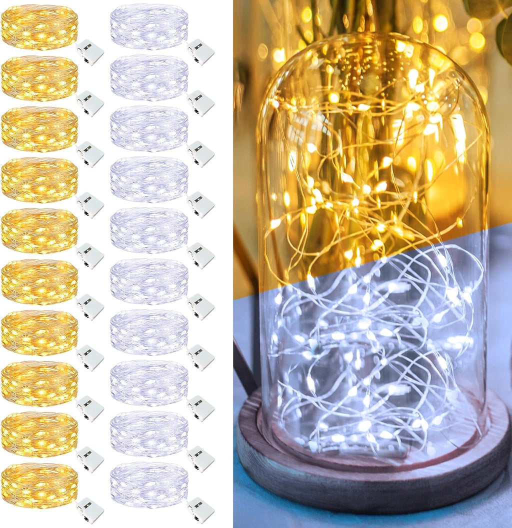 Skiennix 20 Pack Fairy Lights - 7ft Battery Operated LED Twinkle String Lights | Waterproof for DIY Party Decor - Warm & Cold White