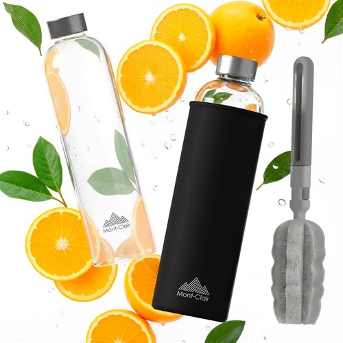 Mont-Clair Kristal Borosilicate Glass Water Bottle 18 oz with Neoprene Sleeve - Leak Proof + BPA Free - Hot & Cold Drinks - Ideal for Adult, Kids, Travel, Sports, Gym, Running - Black