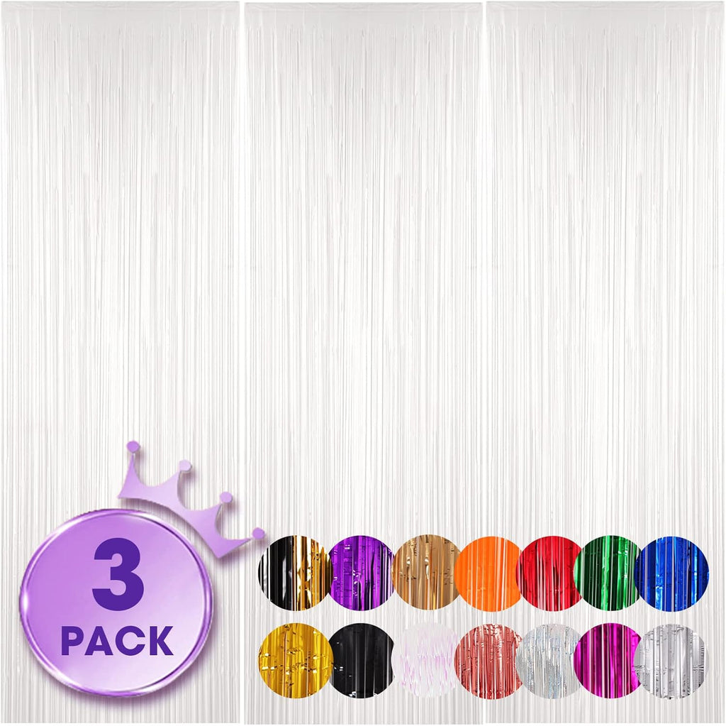 Voircoloria White Foil Fringe Backdrop Curtains - 3 Pack Tinsel Streamers for Parties & Events | 3.3x8.2 Feet