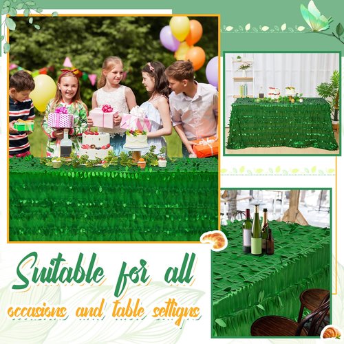 Preboun 90 x 132 Inch Green Taffeta Tablecloth Leaf Petal 3D Table Cloth Events Table Cover for Forest Party Wedding Event Banquet Outdoor