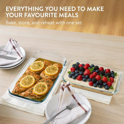 Navaris Glass Baking Dish Set - 4-Piece Casserole Dishes with Lids, 1.7qt & 2.3qt | Oven Safe Bakeware
