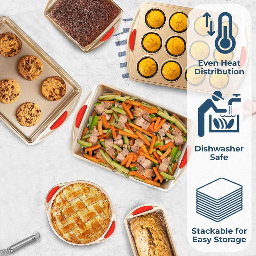 Perlli Baking Kit - Nonstick Gold Steel Oven Set with Silicone Handles | 6-Piece Bakeware Set