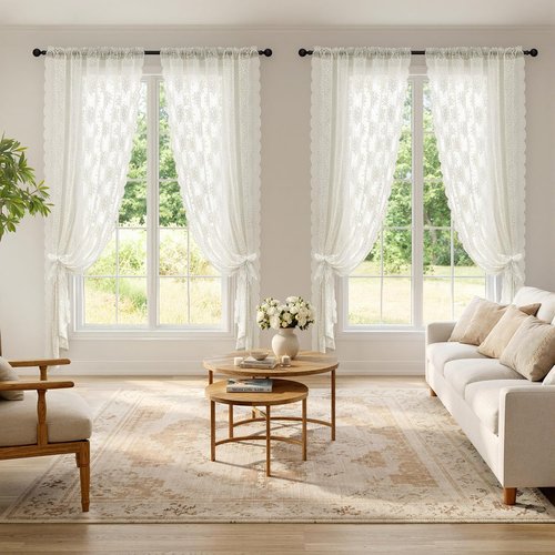 MIULEE Vintage Lace Curtains - 84-Inch Long Floral Scalloped Semi-Sheer Panels | Ivory, 52" W x 84" L