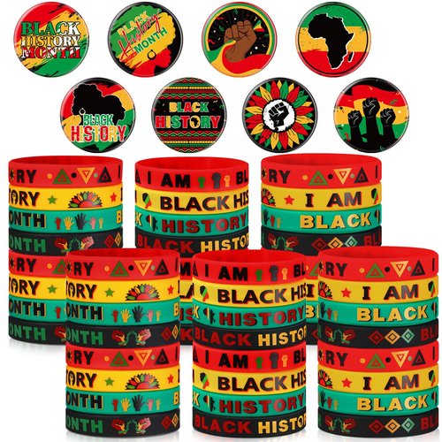 Blosssound 96 Pieces Black History Month Gifts Include 48 Black History Month Silicone Bracelets and 48 Button Pins for Favors Stuffers