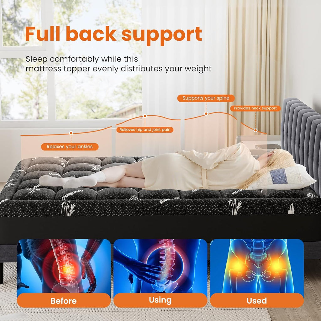 Sweetcrispy Ultra Soft Mattress Topper - Twin Size Bamboo Pillow Top for Cooling & Back Pain Relief | Black