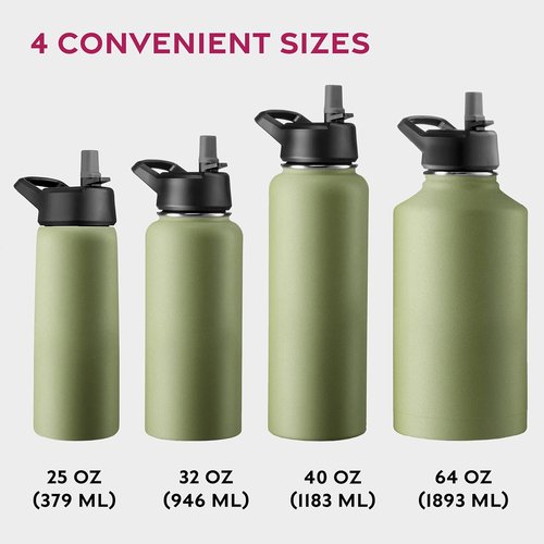 FineDine Stainless Steel Insulated Water Bottle - 32 Oz with Straw & Flip Lid - Army Green