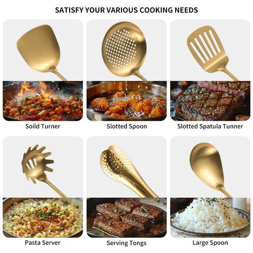 304 Stainlss Steel Matte Kitchen Utensils Set, 11 Pcs Long Metal Cooking Utensil Gadgets Tools Set with Spatula, Spoon, Ladle, Skimmer, Tunner, Pasta Server, Tongs(Gold, Dishwasher Safe)